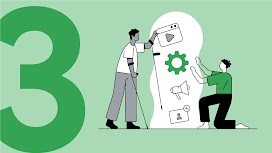 Alt-Text: Die Grafik zeigt eine große drei auf der linken Seite und zwei Personen mit mehreren Icons in der Mitte. Die Grafk symbolisiert die Nutzung von App-Kampagnen.