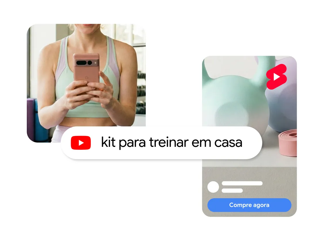 Anúncio de um produto com layout no estilo de rede social: à esquerda, uma mulher com roupa fitness tira uma selfie no espelho segurando o celular, com o rótulo “kit de treino em casa” e um ícone do YouTube; à direita, um card minimalista do produto com equipamentos fitness em tons pastéis, o ícone vermelho Shorts e um botão “Compre agora”.