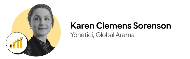 Pandora'da global aramadan sorumlu yönetici olarak görev yapan Karen Clemens Sorenson'ın siyah beyaz fotoğrafıyla birlikte yukarı doğru büyümeyi gösteren bir çubuk grafik gösteriliyor.
