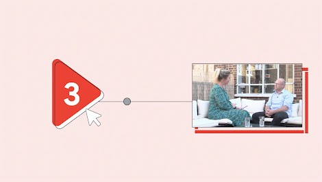 On the left, a life-size play button icon with a red overlay and a “3” on it. A cursor is next to it. The play button is connected by a line to a photograph of Jenni Baker and James Calvert sitting on a sofa talking.