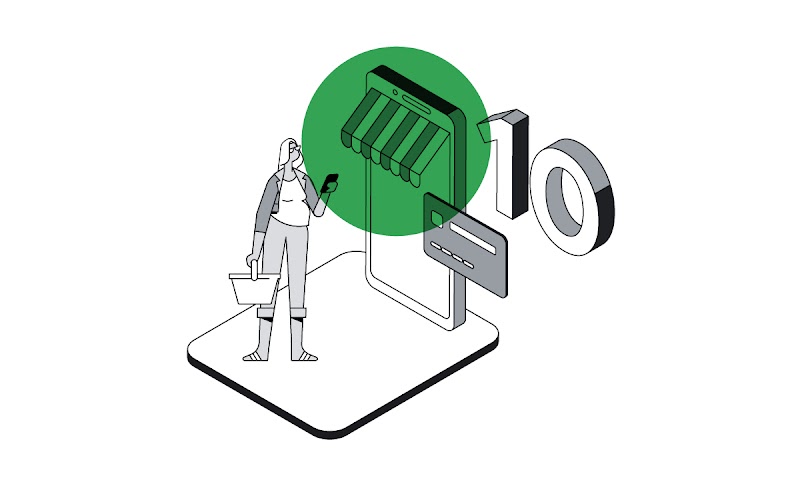 10. A repeat customer — wearing glasses and casual clothing — makes a purchase from one of her favorite businesses on her mobile phone.