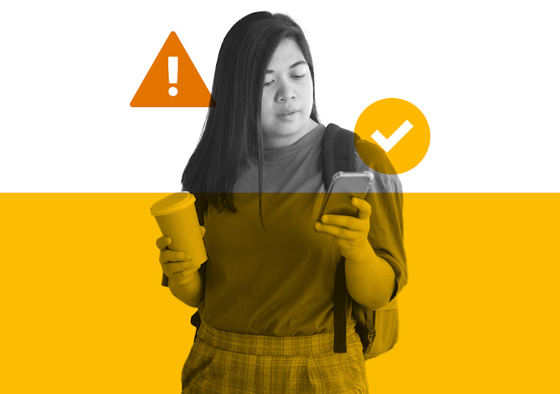 A caution sign and a tick overlaying a Filipino woman using her mobile phone as she fact-check claims and scrutinize brands to ensure they are authentic, trustworthy, sustainable and ethical