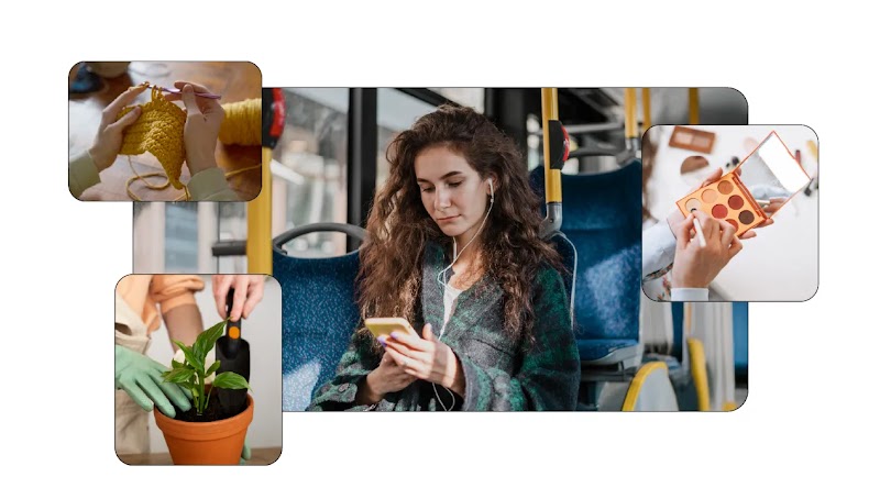 Mulher usando celular no ônibus, com imagens que representam seus interesses: crochê; jardinagem; e tutorial de maquiagem.