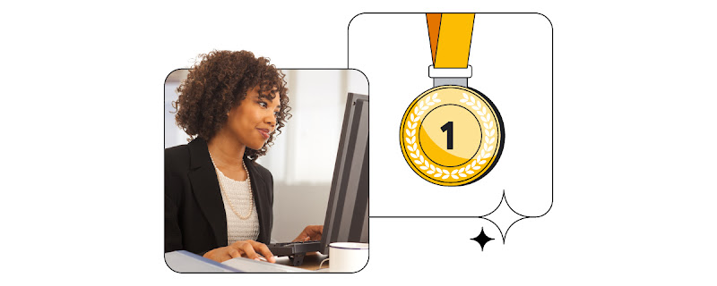 A woman with curly hair, wearing a dark blazer, sits smiling at an office desk, looking at a computer screen. Next to the image, an illustrated gold medal, with the number 1 in the middle and the Gemini logo underneath.