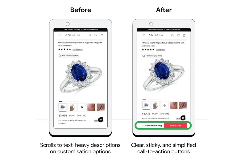 Jewelry retailer Angara’s product page before and after optimizing for conversion rate and web user experience, transitioning from scrolls and text-heavy descriptions on customization options, to clear, sticky, and simplified call-to-action buttons