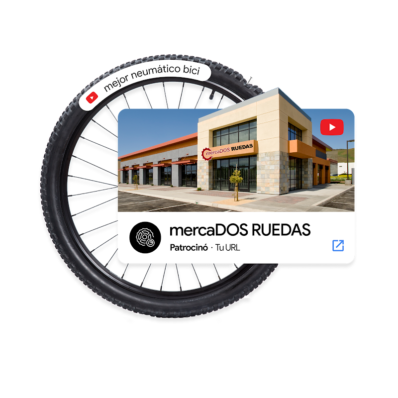 Un neumático pinchado con una barra de búsqueda de YouTube que dice "mejor neumático bici". Se sobrepone un anuncio de Display para YouTube de
 “mercaDOS RUEDAS”.