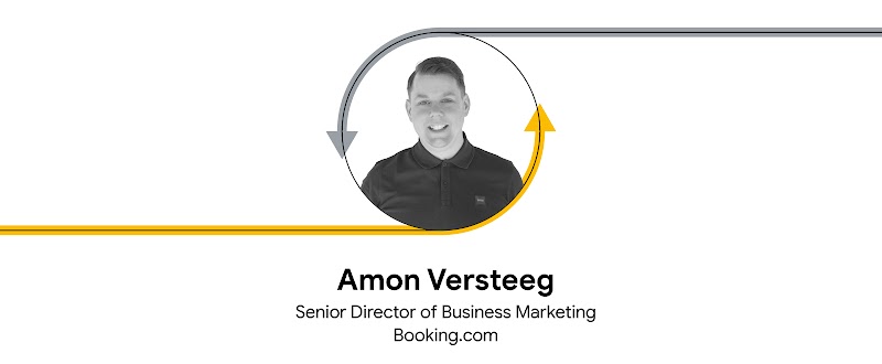 Headshot of Amon Vesteeg, Senior Director of Business Marketing, Booking.com with grey and yellow arrows around it.
