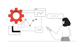 Una mujer de espaldas conversa con un navegador que aporta datos a modo de chat, con una rueda de engranaje de color rojo.