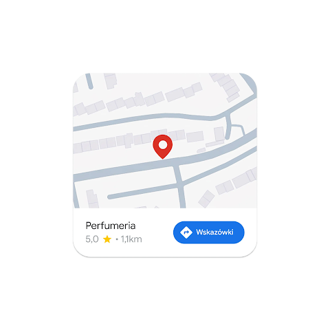 Obraz mapy pokazujący lokalizację sklepu z perfumami z przyciskiem Google Maps umożliwiającym uzyskanie wskazówek dojazdu.