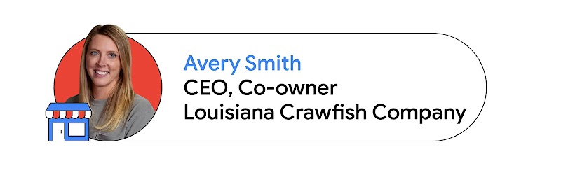 Avery Smith, CEO and co-owner of Louisiana Crawfish Company, appears inside a red circle from shoulders up, wearing a gray crewneck top. Smith has light skin and long blond hair. A blue storefront icon appears at the bottom left of photo.