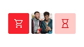 Two red squares and a photo: 1. A shopping cart. 2. Two men wearing outerwear and carrying wrapped gifts and shopping bags look at a mobile phone being held by the one on the right. 3. An hourglass.