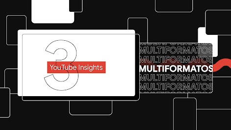 Na imagem há uma tela de fundo preto com uma tela branca com as palavras “Multiformatos” e “YouTube Insights”