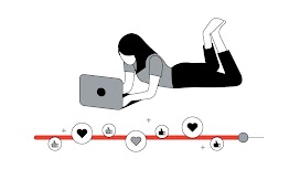 Una mujer de pelo largo tumbada en el suelo está usando un portátil. Debajo y superpuesta, hay una barra de progreso roja de YouTube con un icono de Me gusta y otro de un corazón.