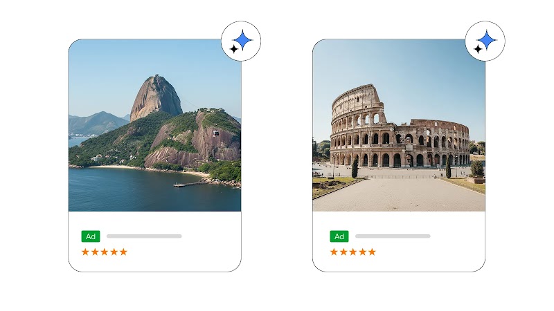 Dos tarjetas publicitarias digitales con monumentos icónicos: el Pan de Azúcar en Río de Janeiro y el Coliseo Romano. Cada una incluye un icono de destello, una etiqueta de "Anuncio", una calificación de cinco estrellas y texto de relleno descriptivo.