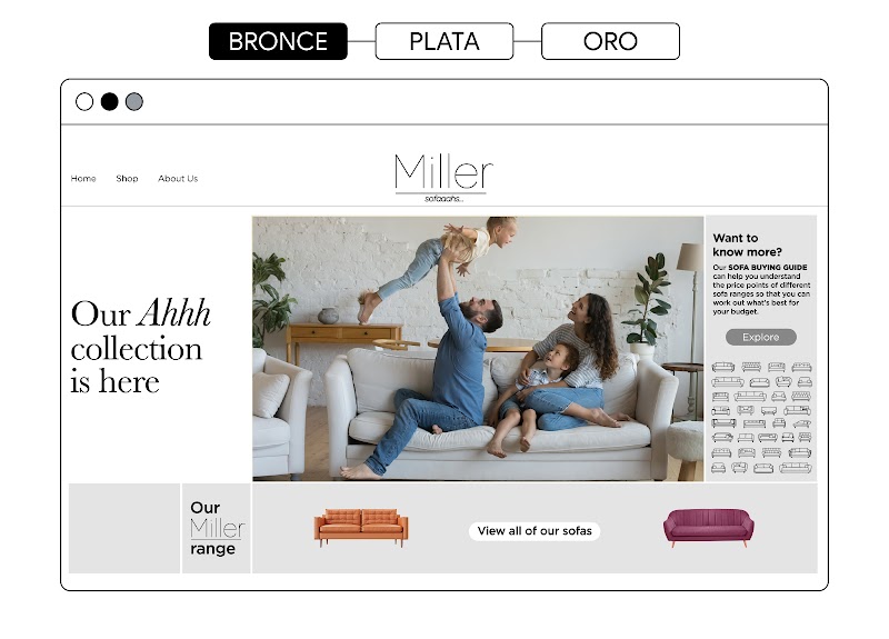 Medalla de bronce para esta versión de la página de destino de la empresa de sofás ficticia, que muestra la información más básica y una imagen destacada de una familia en un sofá.