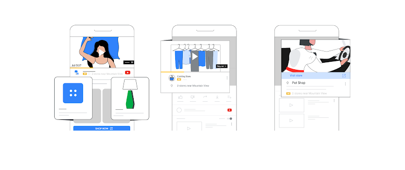 Annonce Local Services désactivable diffusée sur YouTube, incluant les articles proposés, Annonce vidéo pour un magasin de vêtements mettant l'accent sur la partie publicitaire sous la vidéo, Publicité pour un établissement local diffusée sur YouTube