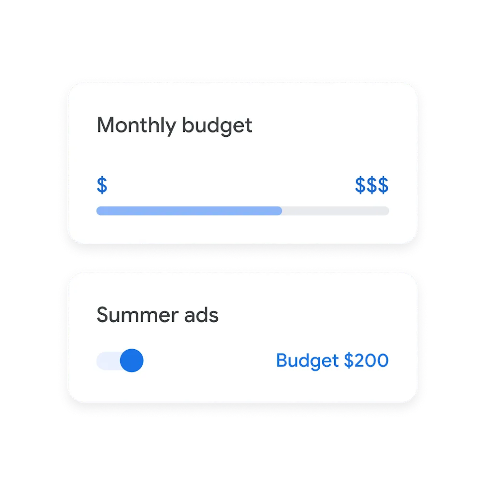 A mobile screen displays UI to adjust budgets by month and by season.