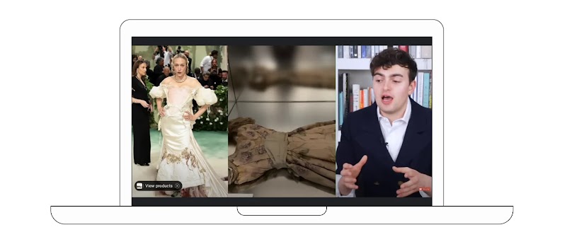 Ekranı açık bir dizüstü bilgisayar çiziminin içinde 3 panelli bir ekran görüntüsü. Sağda HauteLeMode kanalından YouTube içerik üreticisi Luke Meagher, soldaki 2024 Met Gala katılımcısı Chloë Sevingy'nin görünümünü tarif ederken gösteriliyor ve ortada bir