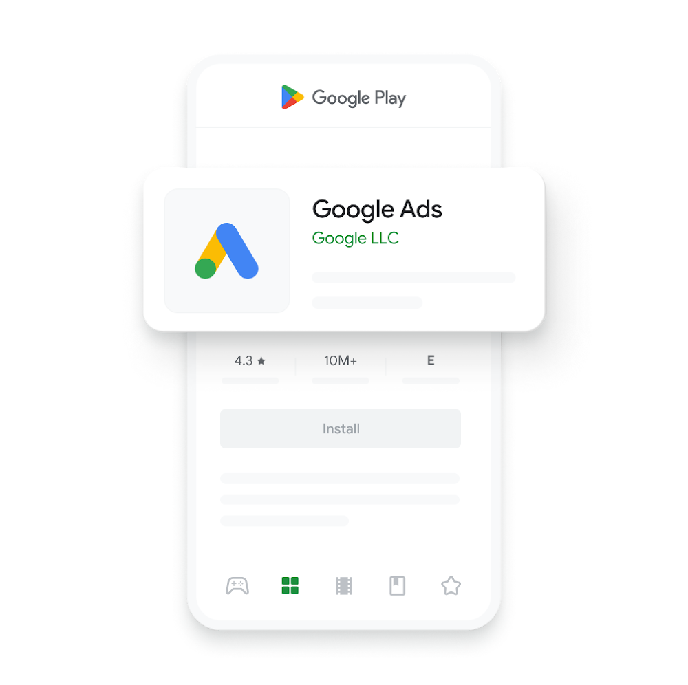 Illustration of the Google Ads Mobile App in the Google Play store.