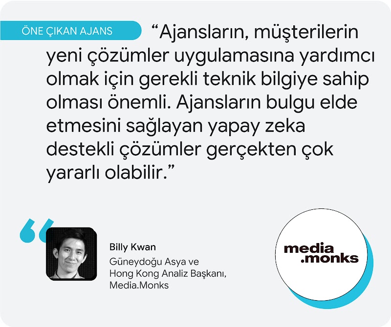 Öne çıkan ajans. Media.Monks'ta görev alan Billy Kwan şunu söylüyor: "Ajansların, müşterilerin yeni çözümler uygulamasına yardımcı olmak için gerekli teknik bilgiye sahip olması önemli. Ajansların bulgu elde etmesini sağlayan yapay zeka destekli çözümler
