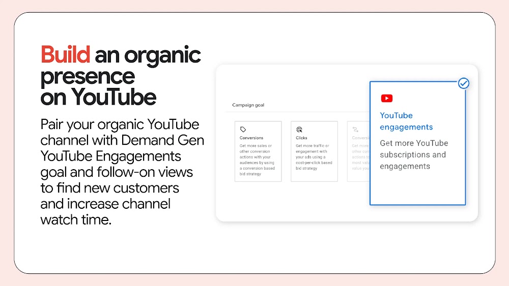 Google Ads Interface showing campaign goals with YouTube Engagements goal highlighted.