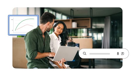 Two people in discussion while looking at a laptop with a Google search bar and chart around them, as they discuss strategies to maximise Search ads revenue with insights into the true revenue impact of lost impression share thanks to modern MMM