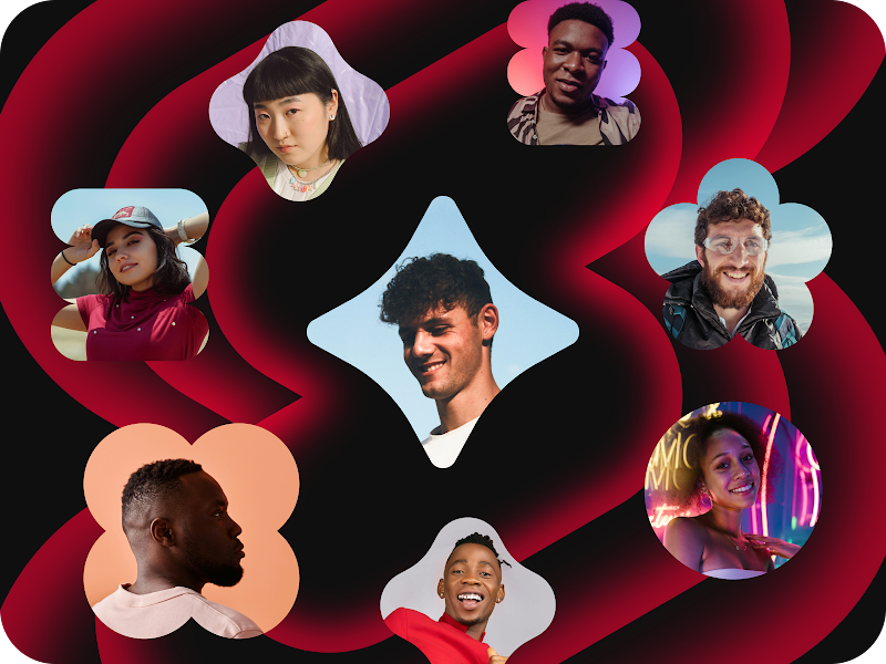 Un collage stylisé présente les portraits de huit individus divers.