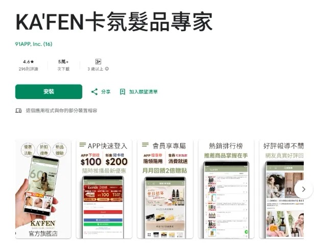KA'FEN 卡氛髮品品牌在 Google Play 應用程式平台的列表頁面。標題為「KA'FEN 卡氛髮品專家」，由 91APP, Inc. 開發。評分 4.6 星，296則評價，5 歲以上推薦，3+ 內容分級。綠色「安裝」按鈕下方展示 APP 功能特色：包括官方旗艦店、APP 快速登入折扣、會員專屬優惠、熱銷排行榜與好評推導等功能截圖。91APP 透過行動應用發動的品牌成長策略，成功突破發展上限，建立可持續增長的會員基礎與市場競爭力。