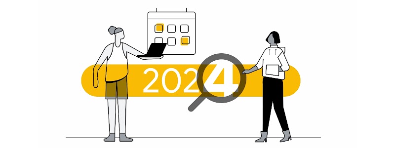 Una persona con musculosa y pelo recogido sostiene en sus manos una portátil. Detrás de ella, un calendario. Sobre ella, una barra de búsqueda con fondo amarillo. Una lupa destaca el número 2024.