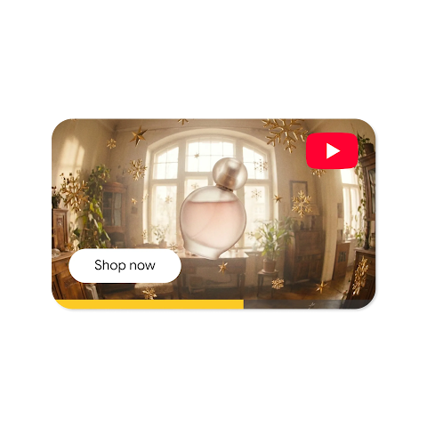 A YouTube video ad of a light pink perfume bottle with the Shop now button.