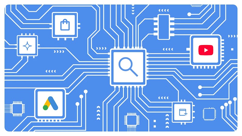 Ilustração de uma placa de circuito impresso azul onde os microchips contêm ícones de serviços do Google. O chip central exibe a lupa do Google Search e está conectado por trilhas a outros chips com os logotipos do YouTube, Google Ads, Google Shopping e Gemini.