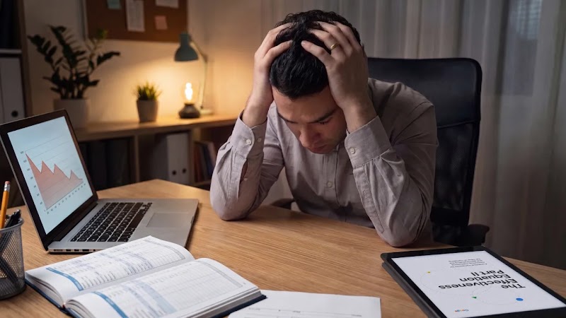 A man is sitting in front of a desk with his hands in his hair; looking frustrated. In front are a laptop showing a graph, an open diary, and a tablet open to the cover page of ‘The Effectiveness Equation Part II’ report. 