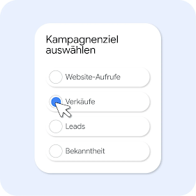 Karte mit der Überschrift „Kampagnenziel auswählen“ und vier Optionsfeldern: „Website-Aufrufe“, „Umsatz“, „Leads“ und „Bekanntheit“. Die Option „Umsatz“ ist mit einem blauen Optionsfeld ausgewählt und ein Cursor klickt darauf.