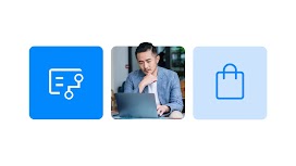 Two blue squares and a photo: 1. A document with circuits. 2. A man with light skin, short dark hair, and a thin mustache, wearing a light blue blazer, looks at a laptop. 3. A shopping bag.