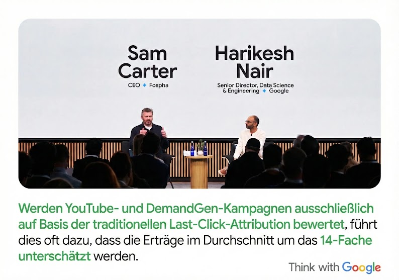 Sam Carter von Fospha und Harikesh Nair von Google sprechen auf einer Konferenz. Unter dem Foto steht die Aussage: Werden YouTube- und Demand Gen-Kampagnen ausschließlich auf Basis der traditionellen Last-Click-Attribution bewertet, führt dies oft dazu, dass die Erträge im Durchschnitt um das 14-Fache unterschätzt werden.