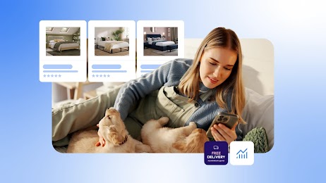 A woman lies down looking at her smartphone next to two golden retriever puppies. Overlaid above her are three online product cards displaying various bed frames. A small dark blue badge in the corner reads "FREE DELIVERY no minimum spend."