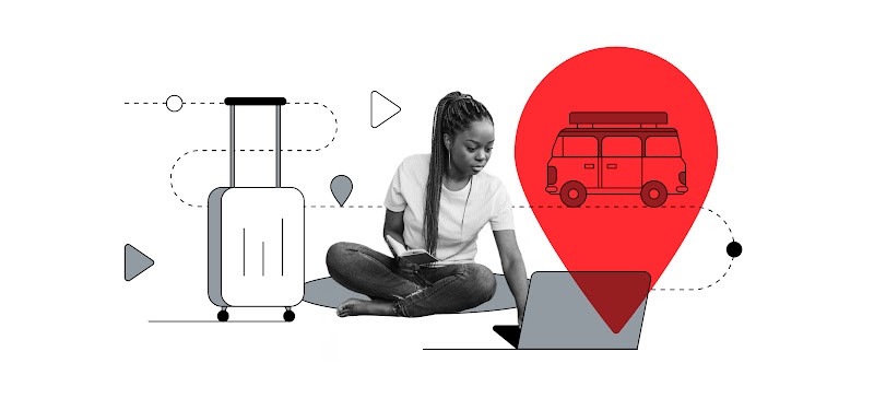 Uma mulher negra está sentada no chão, enquanto mexe em seu laptop. Ela tem cabelos trançados e longos. Do seu lado direito, há uma mala de viagem, e atrás da mulher, a ilustração de uma kombi, que segue um caminho pontilhado sinuoso.