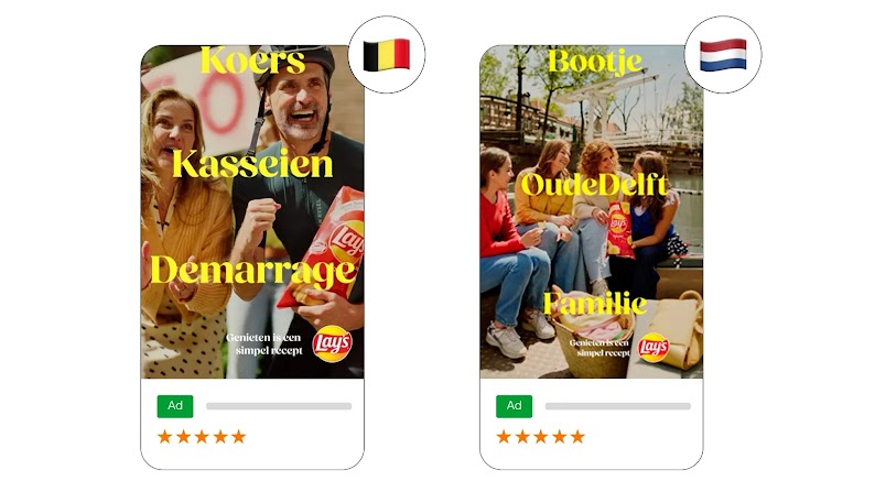 Two ads for Lay’s sit side by side. The Belgium ad shows a man wearing a bicycle helmet and carrying a Lay's bag, and a woman cheering, with the phrase ‘koers, kasseien, demarrage’ overlaid. The Netherlands ad shows a group of four women boating on a canal, with the phrase ‘bootje, Oude Delft, familie’ overlaid.