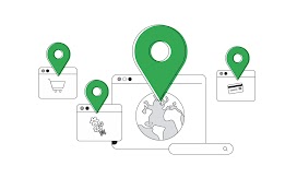 4 different sized browsers, each with an icon on the screen. From left to right: a shopping cart; flowers; planet Earth; and a credit card. Each browser has a green location pin overlay. A search bar is in the bottom right corner of the largest browser.