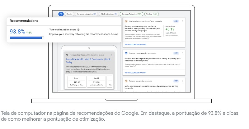 Tela de computador na página de recomendações do Google com uma variedade de tabelas e gráficos. Em destaque, a pontuação de 93.8% e dicas de como melhorar a pontuação de otimização.
