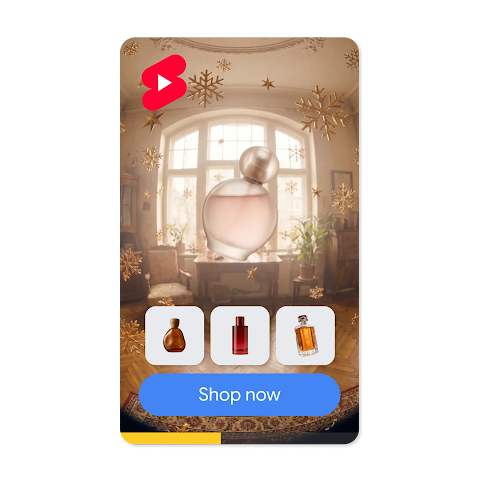 A YouTube Shorts video Ad for a perfume showing a carousel of 3 products and a button saying: Shop now.