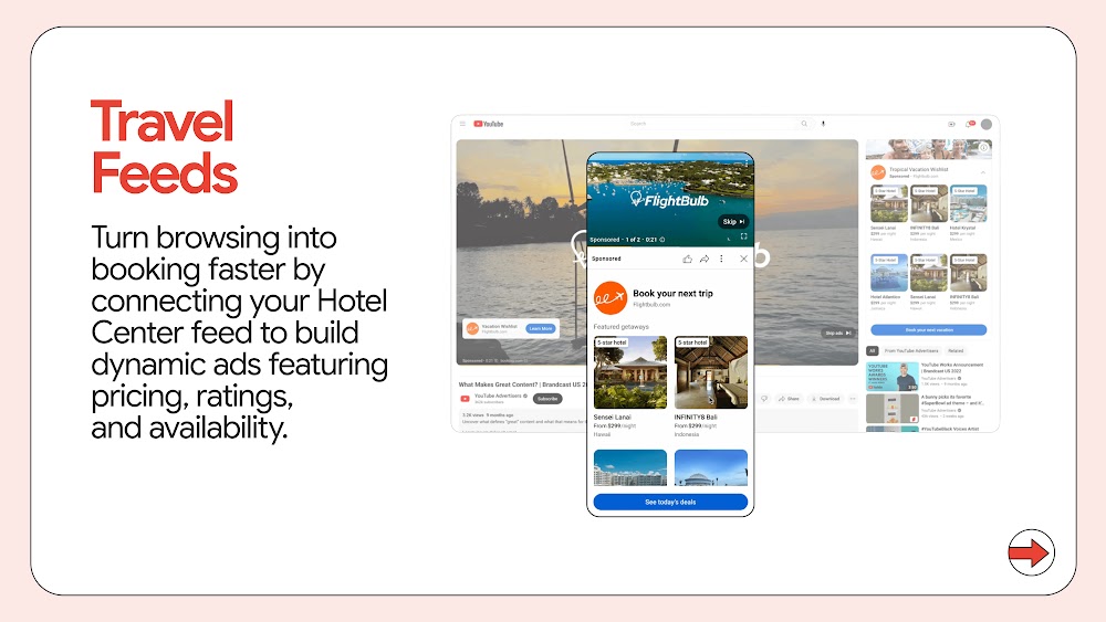 YouTube interface showing the Hotel Feeds (Travel Feeds) experience.