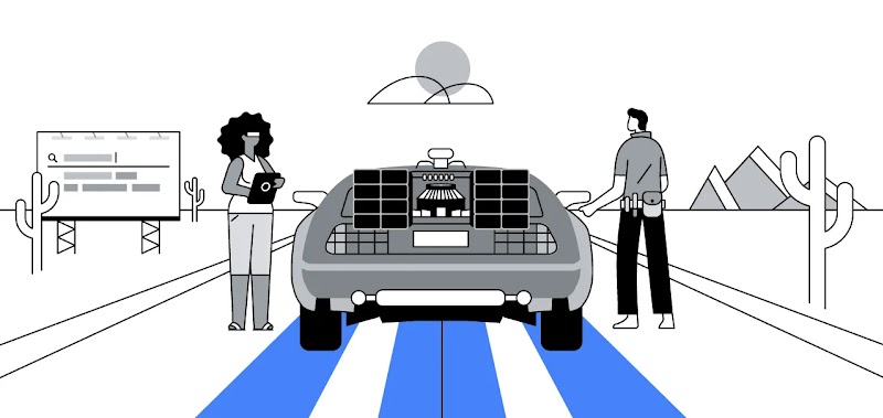 Una mujer de pelo rizado oscuro y un hombre de pelo corto están en el desierto junto al coche de "Regreso al futuro", que parece impulsado por IA.