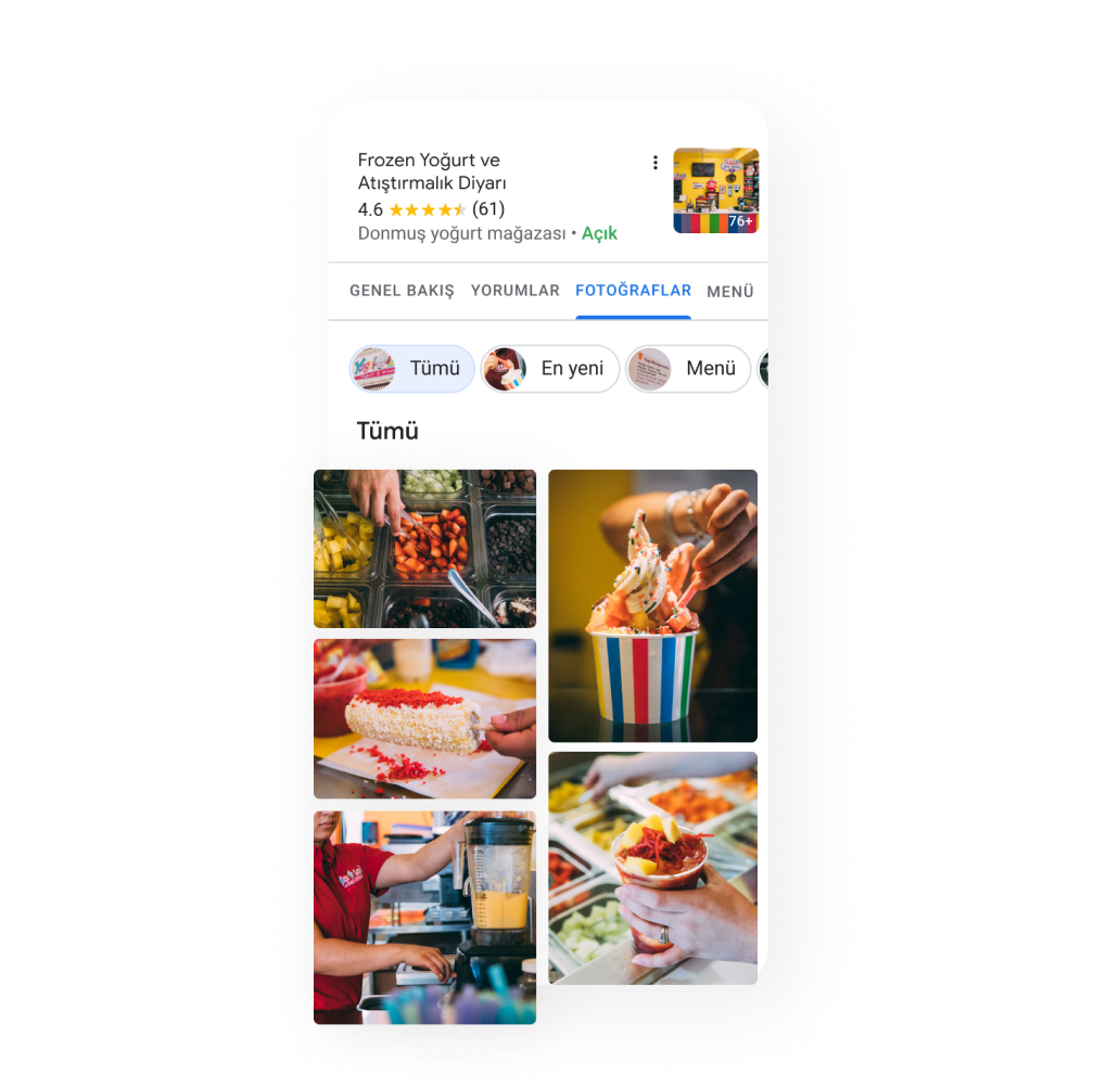 İşletmeye ait ürünlerin fotoğraflarının gösterildiği İşletme Profilinin mobil cihazdaki görünümü