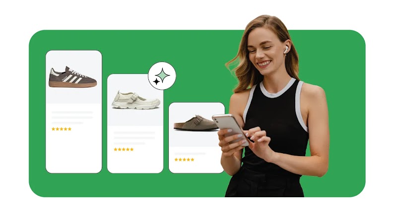 Against a green background, a smiling woman uses a mobile phone. To the left, three ads for different styles of shoes, increasing in size from right to left. A small AI icon overlays.