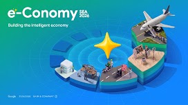 Thumbnail for the e-Conomy SEA 2026 report, “Building the Intelligent Economy.” A glowing yellow star sits at the center of a blue digital background, surrounded by 3D platforms showing different sectors, from tech infrastructure and gaming to ride-hailing, delivery, e-commerce, live streaming, and air travel. The Google, Temasek, and Bain & Company logos are placed along the bottom.