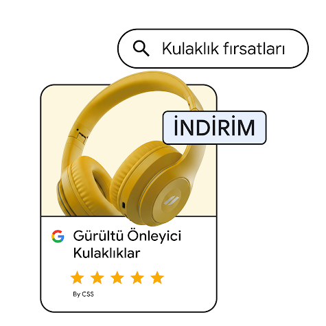 Google Alışveriş reklamında yer alan sarı gürültü önleyici kulaklığı gösteren bir görsel. Reklamda "İNDİRİM" etiketi ve beş yıldızlı bir derecelendirme bulunuyor. Reklamın üzerinde "kulaklık fırsatları" yazan bir arama terimi balonu bulunuyor.