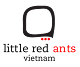 Logo for little red ants vietnam featuring a stylized, rounded black speech bubble or square shape above the text, with three small red dots underneath the shape representing the 'ants'. The word 'ants' is also in red.