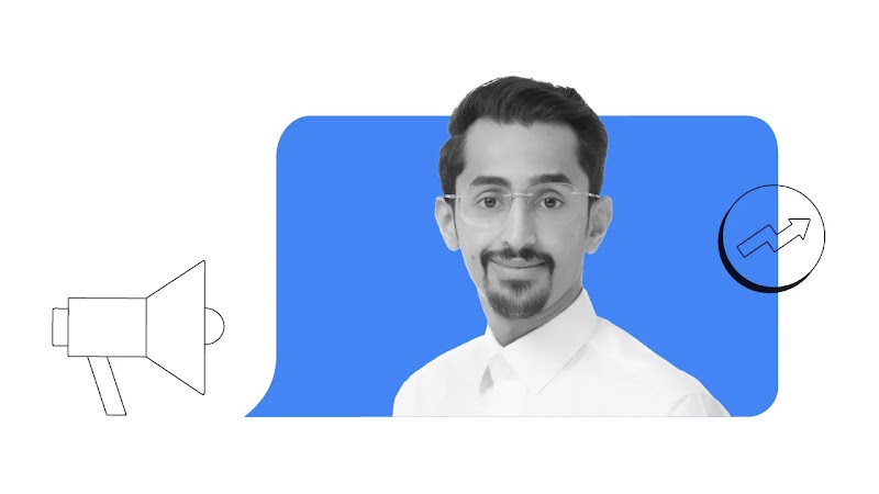A headshot of Mohammed Alqasir, CEO of Rewaa, with his name and title. His photo has a blue speech bubble background, and a megaphone icon and an upward arrow are around it.
