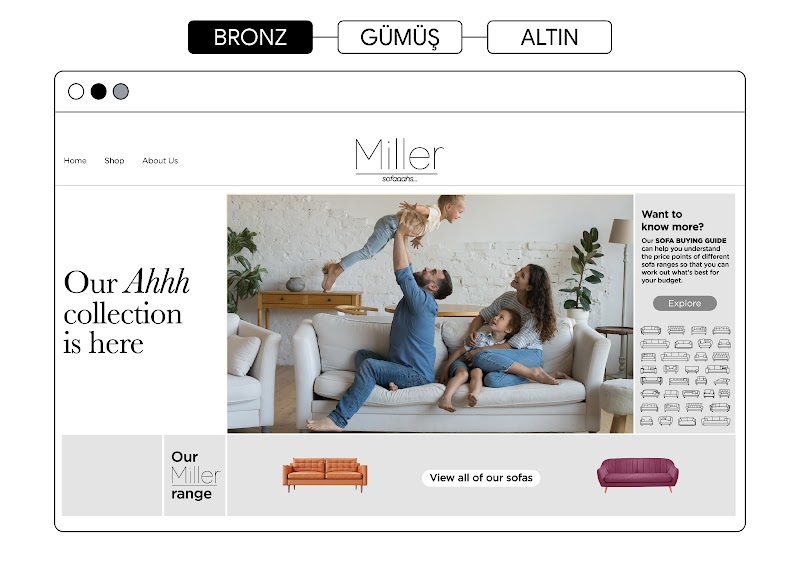 Hayali koltuk şirketinin web sitesi açılış sayfasının temel "bronz" sürümünde minimum bilgi ve koltukta oturan bir ailenin yer aldığı hero resim gösteriliyor.
